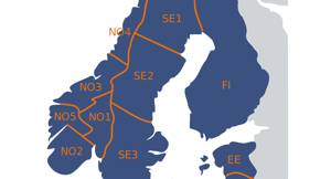 Kart som viser strømpriser i Nord-Europa